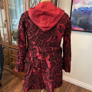 Desigual Red & Black Paisley Hooded Trench Coat
